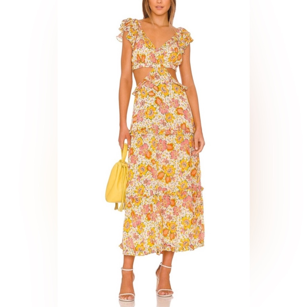 CLEOBELLA Clara Lucia Floral Crepon Ruffle Cut-Out Tiered Maxi Dress, Size M